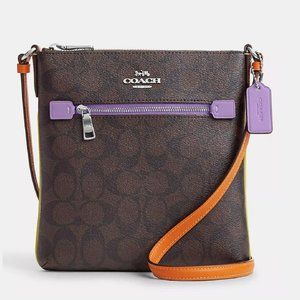 NWT Coach CL671 Mini Rowan File Bag Brown Signature Iris Coral Yellow Leather